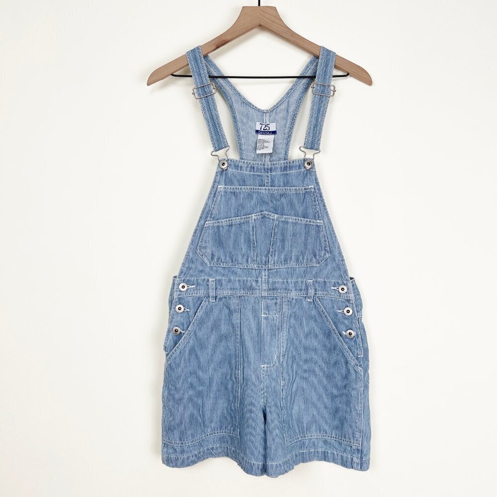 Vintage Overalls Shorts Denim Jean Dungaree Romper Railroad Stripe Artsy 80s 90s
